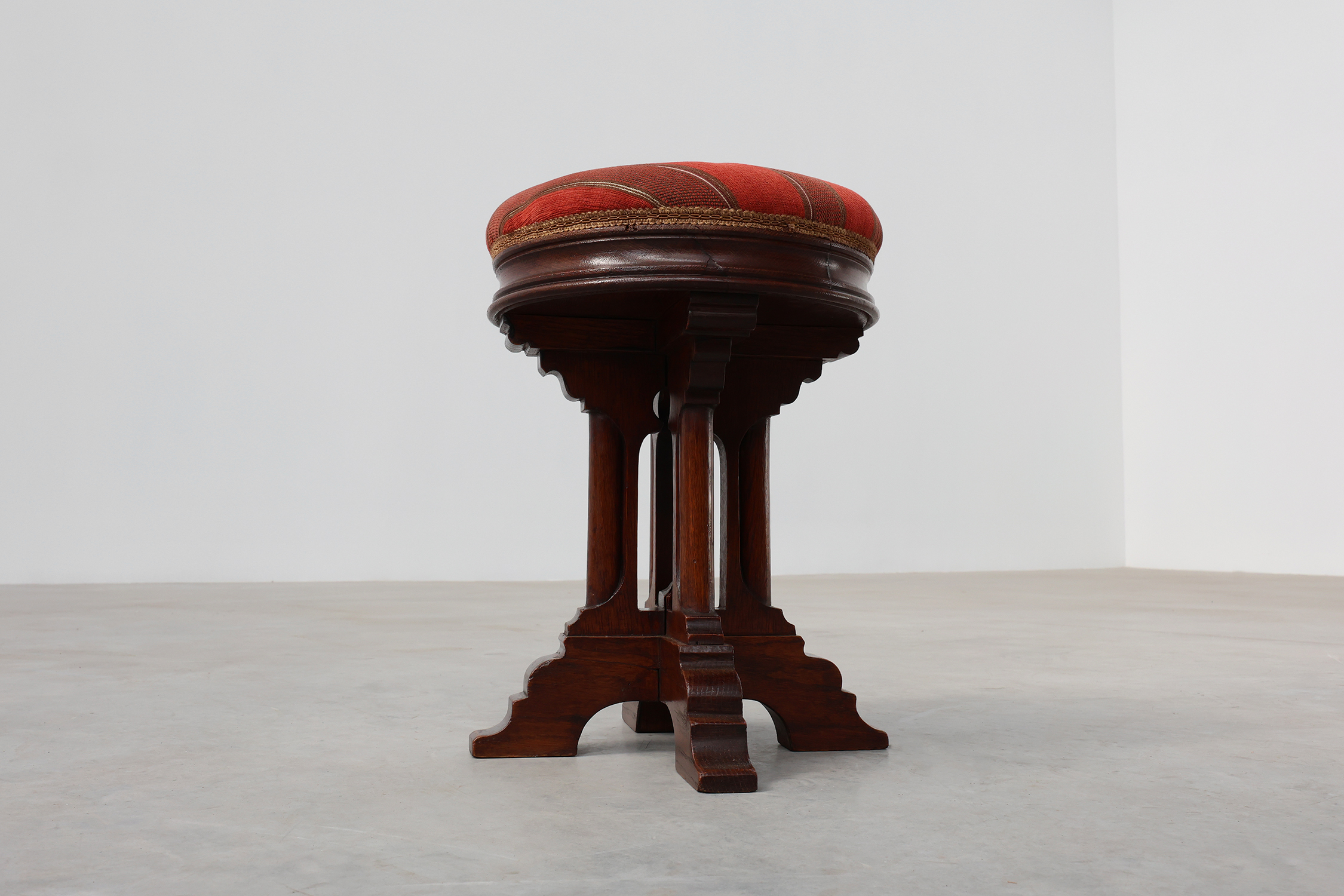 Neo Gothic oak stool with red velvet upholstery, France 1850thumbnail